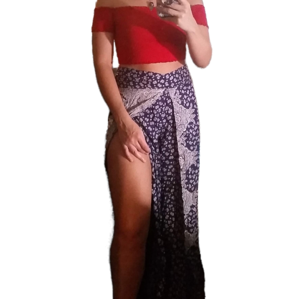 High waisted beach pants split leg blue white. M